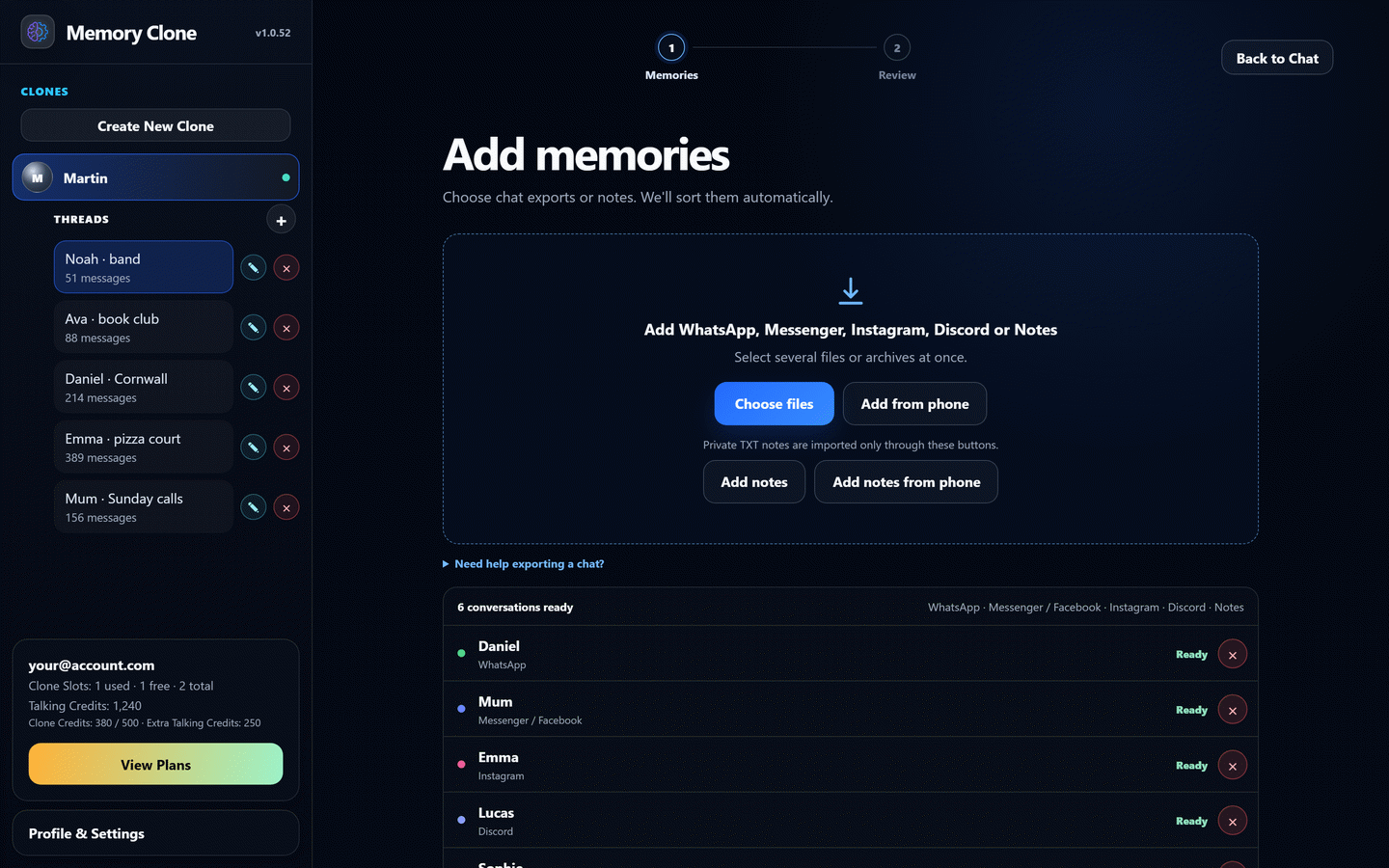 WhatsApp、Messenger、Instagram、Discord、メモに対応した、Memory Clone公式のインポート画面