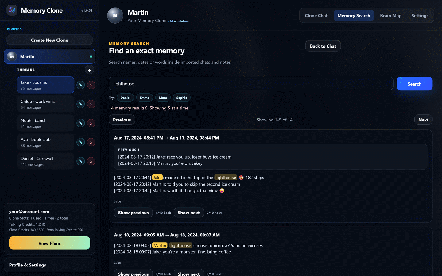日付つきの検索結果が表示された、Memory Clone公式の思い出検索
