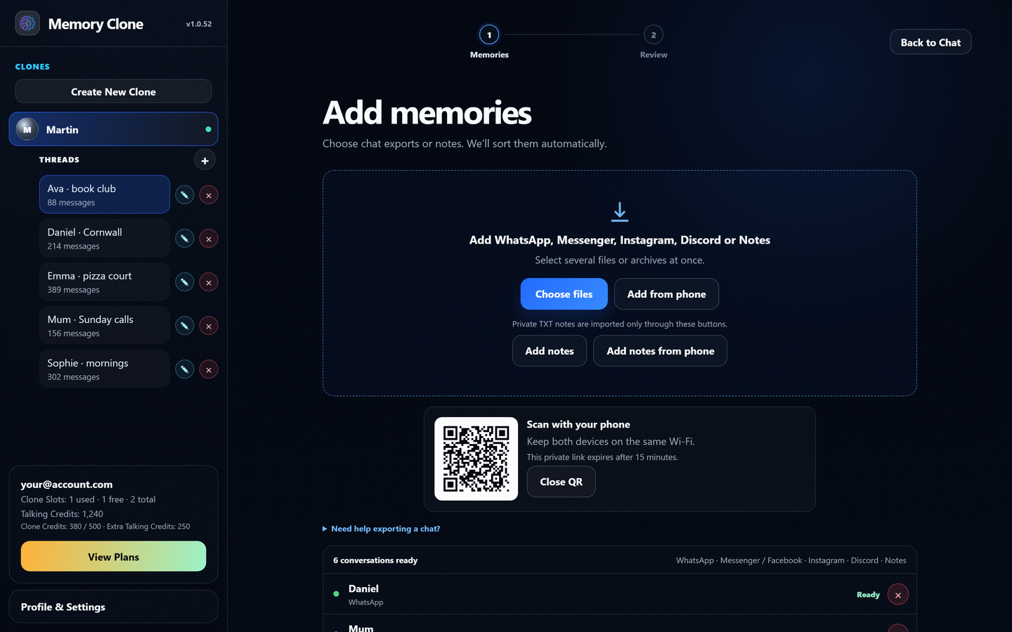 ローカルWi-Fi用のQRコードが表示された、Memory Cloneのスマホからのアップロード画面